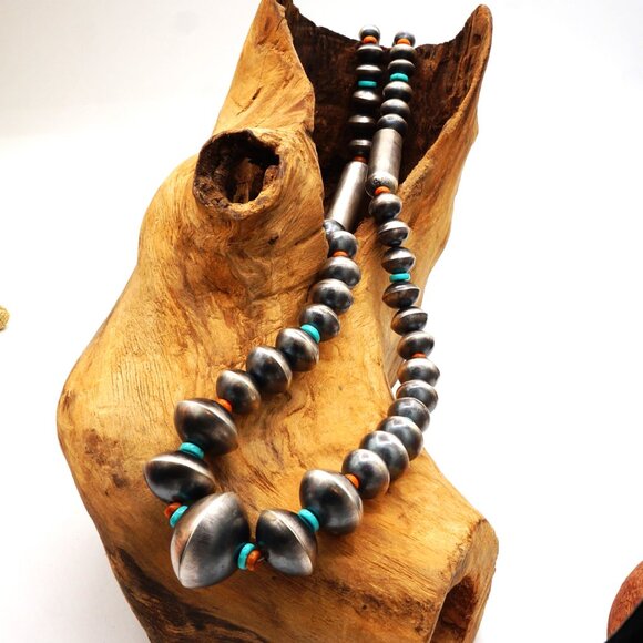 Native American Navajo Turquoise Silver Pearls Spiney Oyster Necklace & Earrings - Picture 2 of 10